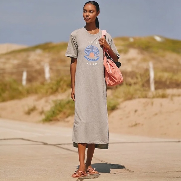 Anthropologie Dresses & Skirts - Anthropologie Gray Midi T-Shirt Dress with Blue Shell Graphic